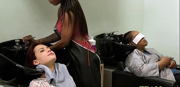  Ebony lesbian eaten out in hair salon
